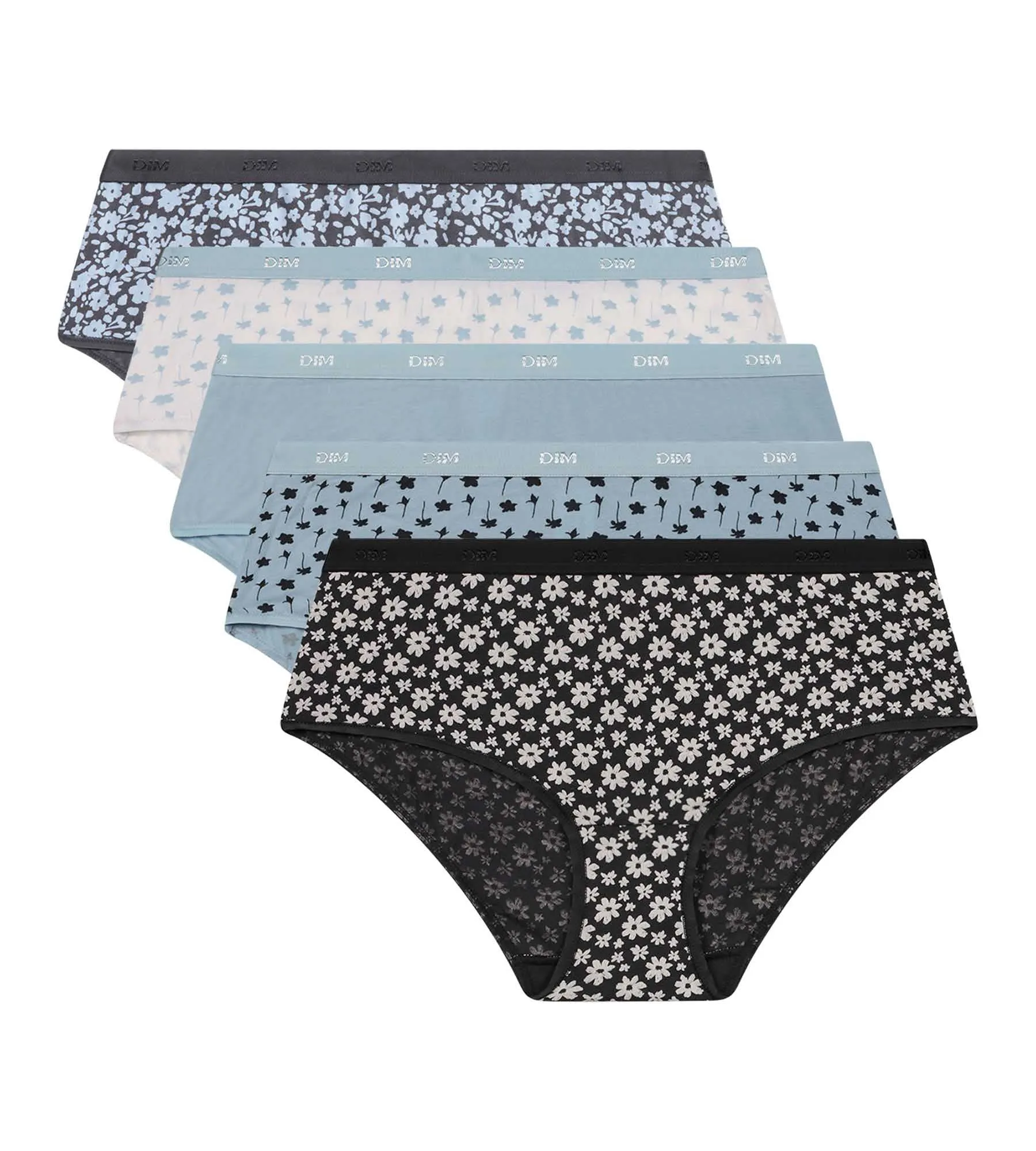 Pack of 5 women's stretch cotton shorties Blue Grey with flowers Les Pockets