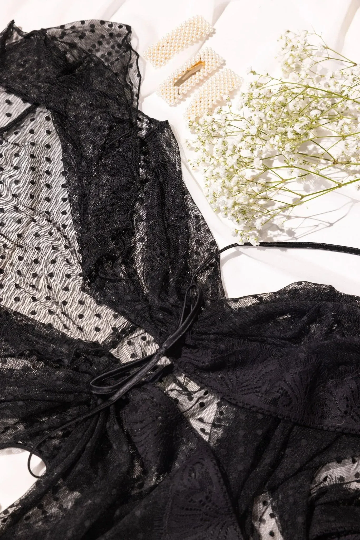 Polka Dot Mesh Robe - Black