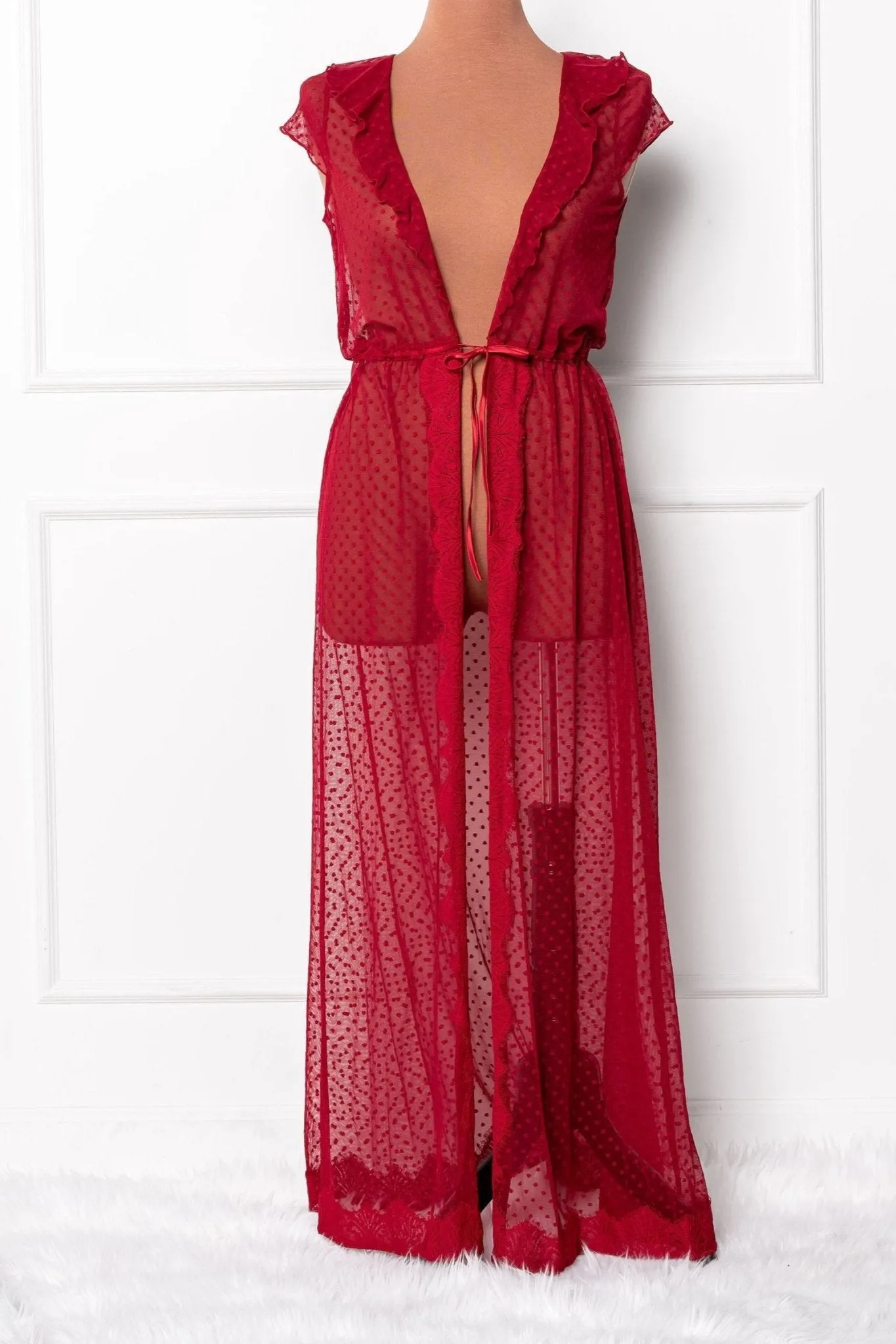Polka Dot Mesh Robe - Red