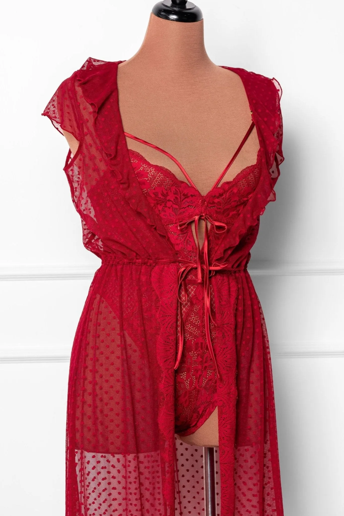Polka Dot Mesh Robe - Red
