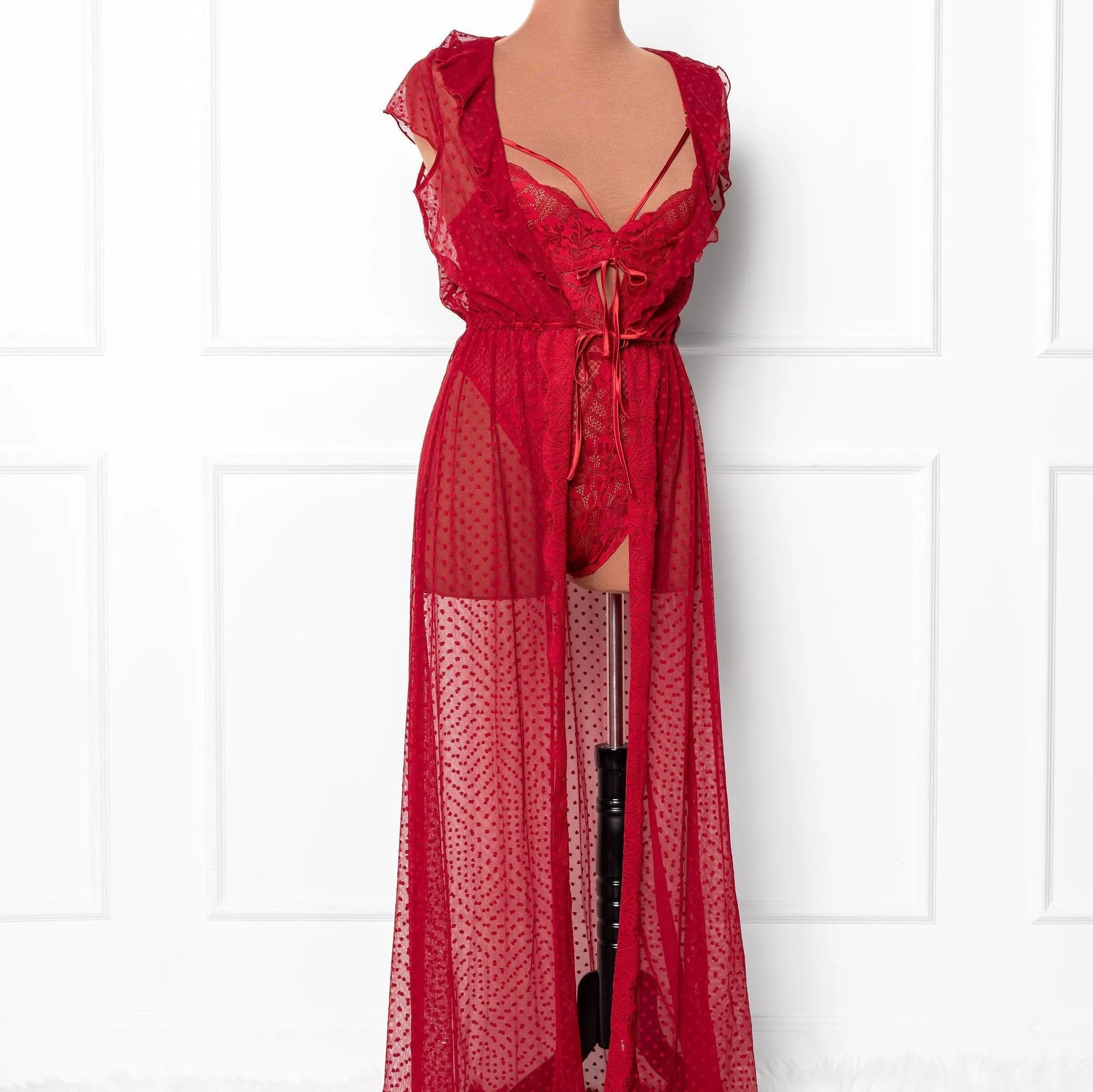 Polka Dot Mesh Robe - Red