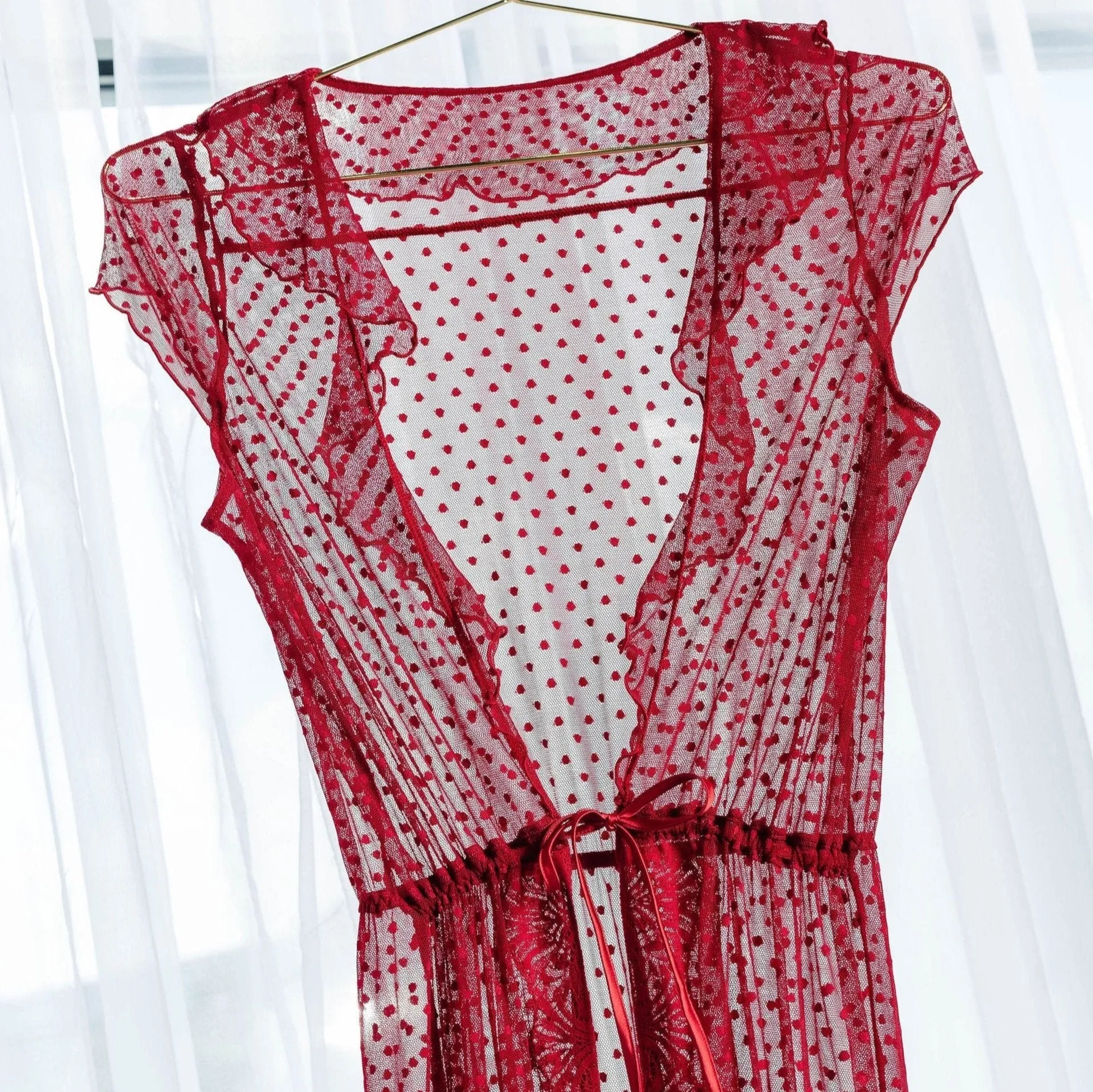 Polka Dot Mesh Robe - Red
