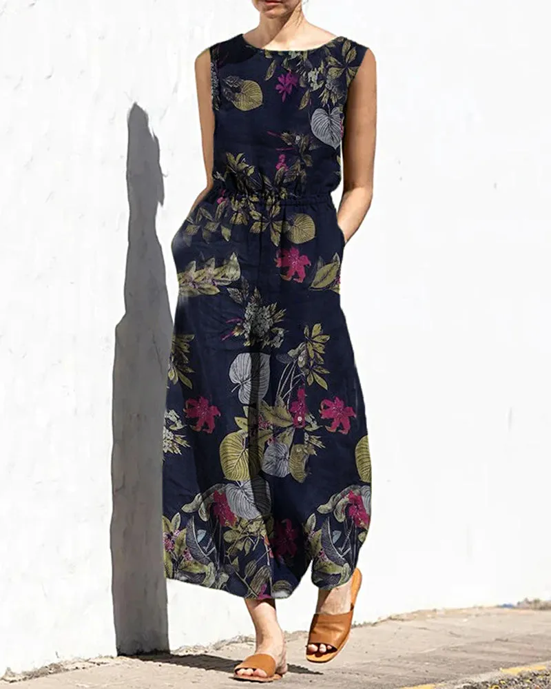 Printed Elastic Waist Jumpsuit