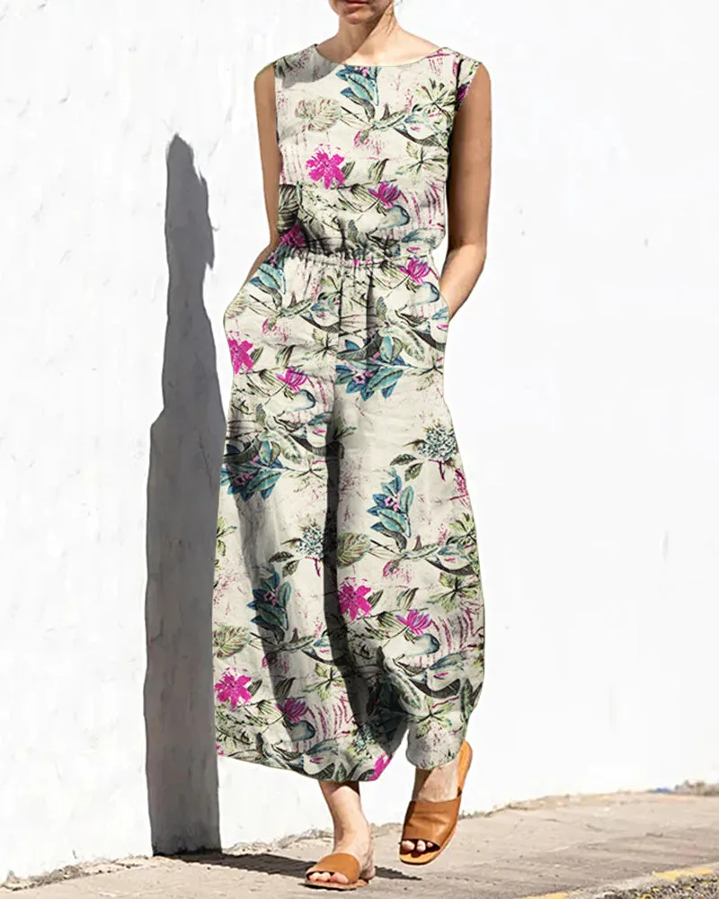 Printed Elastic Waist Jumpsuit