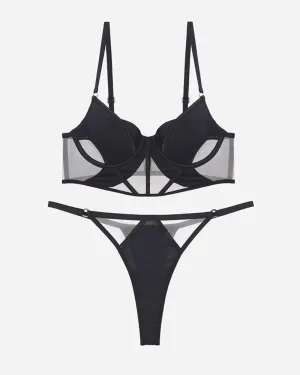Push Up Mesh Hollow Bra and Thong Set