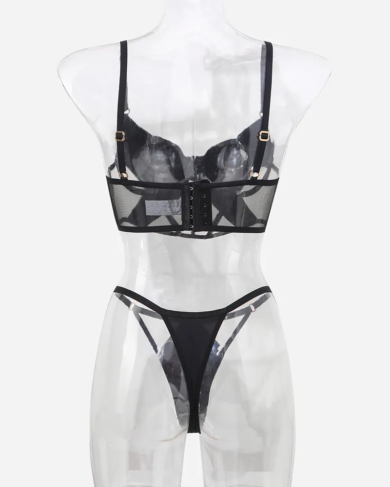 Push Up Mesh Hollow Bra and Thong Set