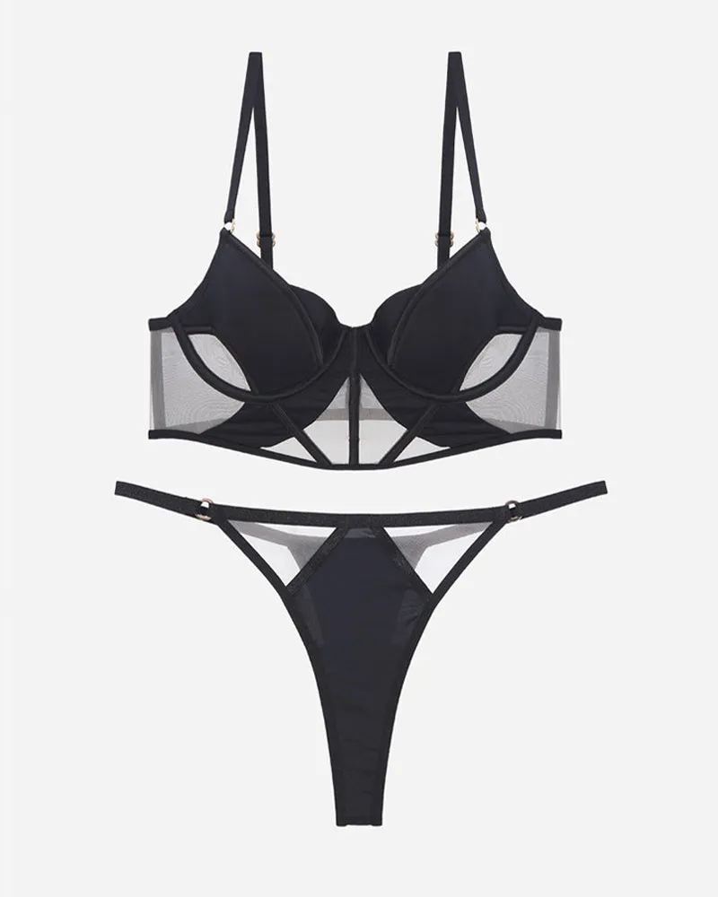 Push Up Mesh Hollow Bra and Thong Set