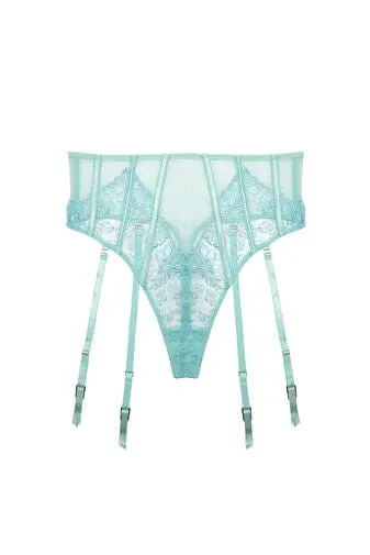 Valerie Aqua Embroidery & Mesh High Waist Suspender Thong