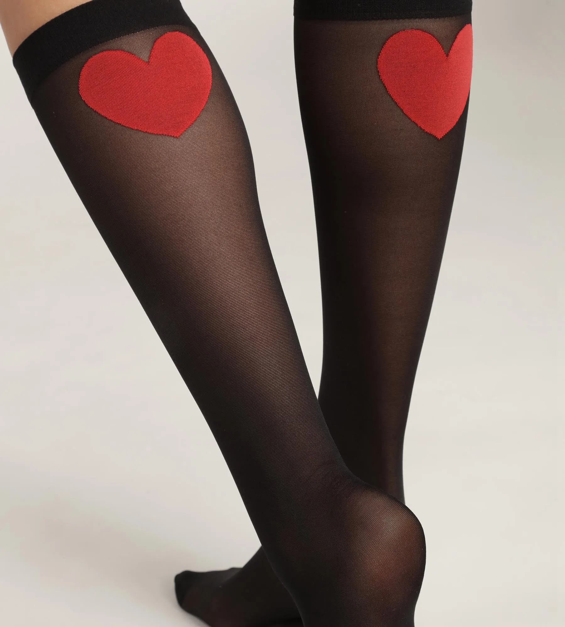 Women's knee-highs in sheer black voile with red heart Dim Style